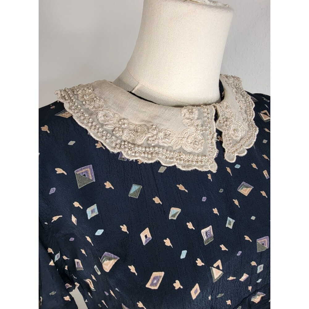 Karin Stevens Navy Vtg Geometric Print Midi Dress Lace Collar Beaded Vintage 10 - Picture 6 of 16